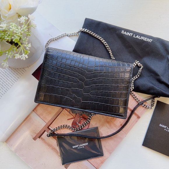 Saint Laurent Croc-Embossed Kate Crossbody Chain Wallet - Picture 2 of 7